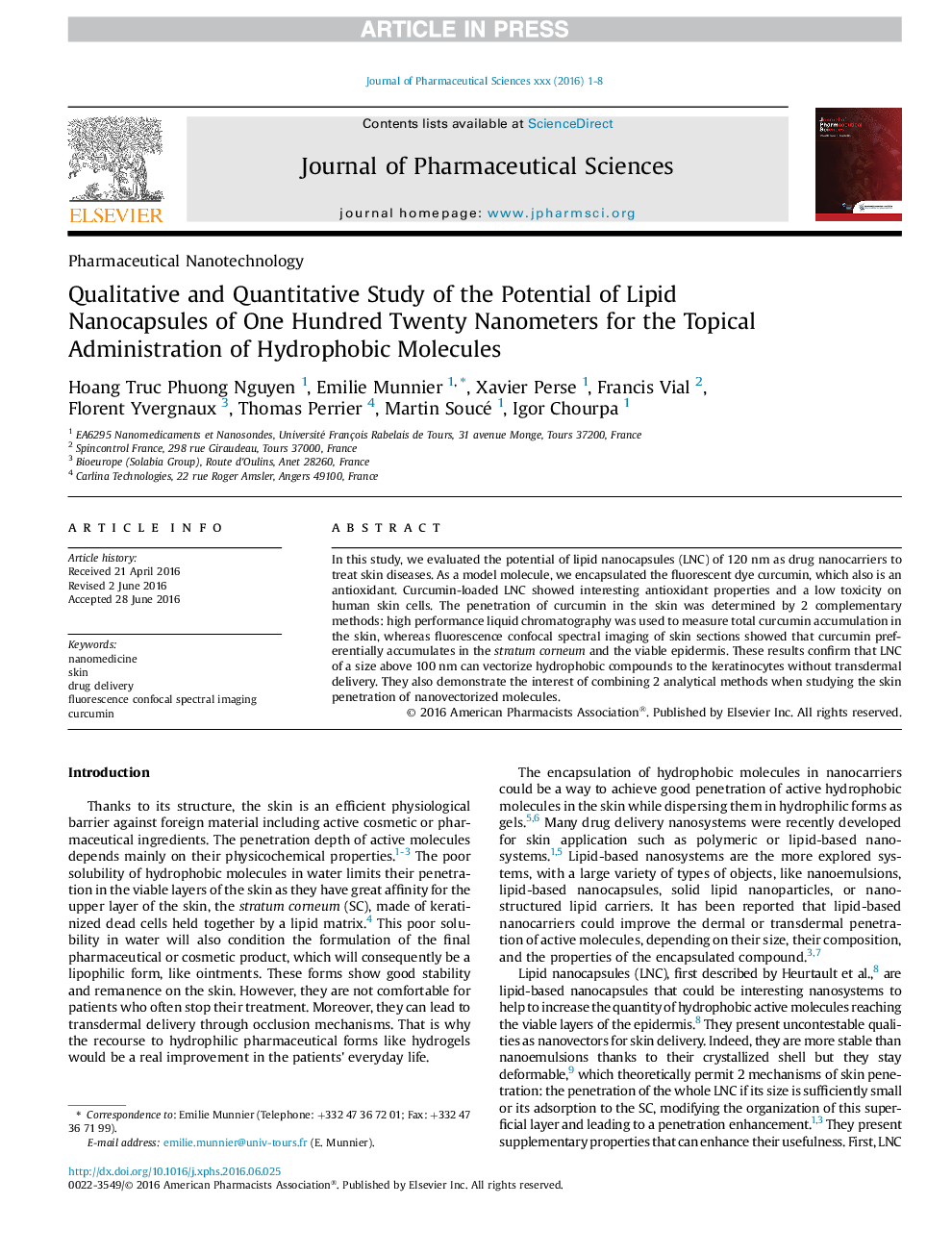 Qualitative and Quantitative Study of the Potential of Lipid Nanocapsules of One Hundred Twenty Nanometers for the Topical Administration of Hydrophobic Molecules