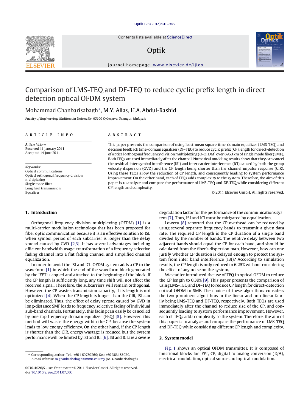 Comparison of LMS-TEQ and DF-TEQ to reduce cyclic prefix length in direct detection optical OFDM system