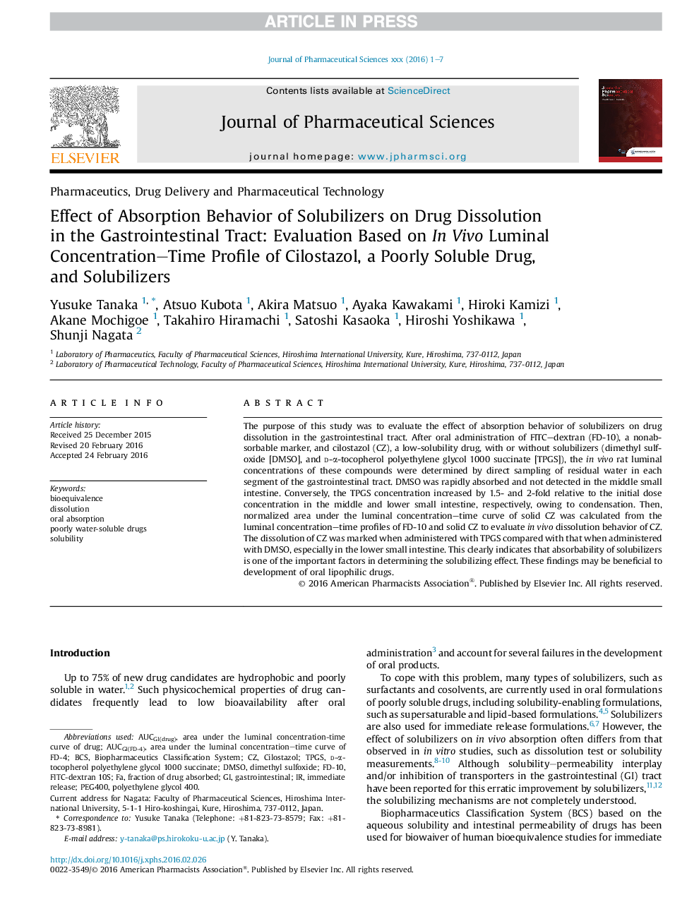 Effect of Absorption Behavior of Solubilizers on Drug Dissolution inÂ the Gastrointestinal Tract: Evaluation Based on InÂ Vivo Luminal Concentration-Time Profile of Cilostazol, a Poorly Soluble Drug, andÂ Solubilizers