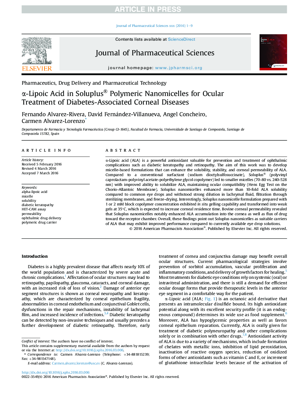 Î±-Lipoic Acid in Soluplus® Polymeric Nanomicelles for Ocular Treatment of Diabetes-Associated Corneal Diseases