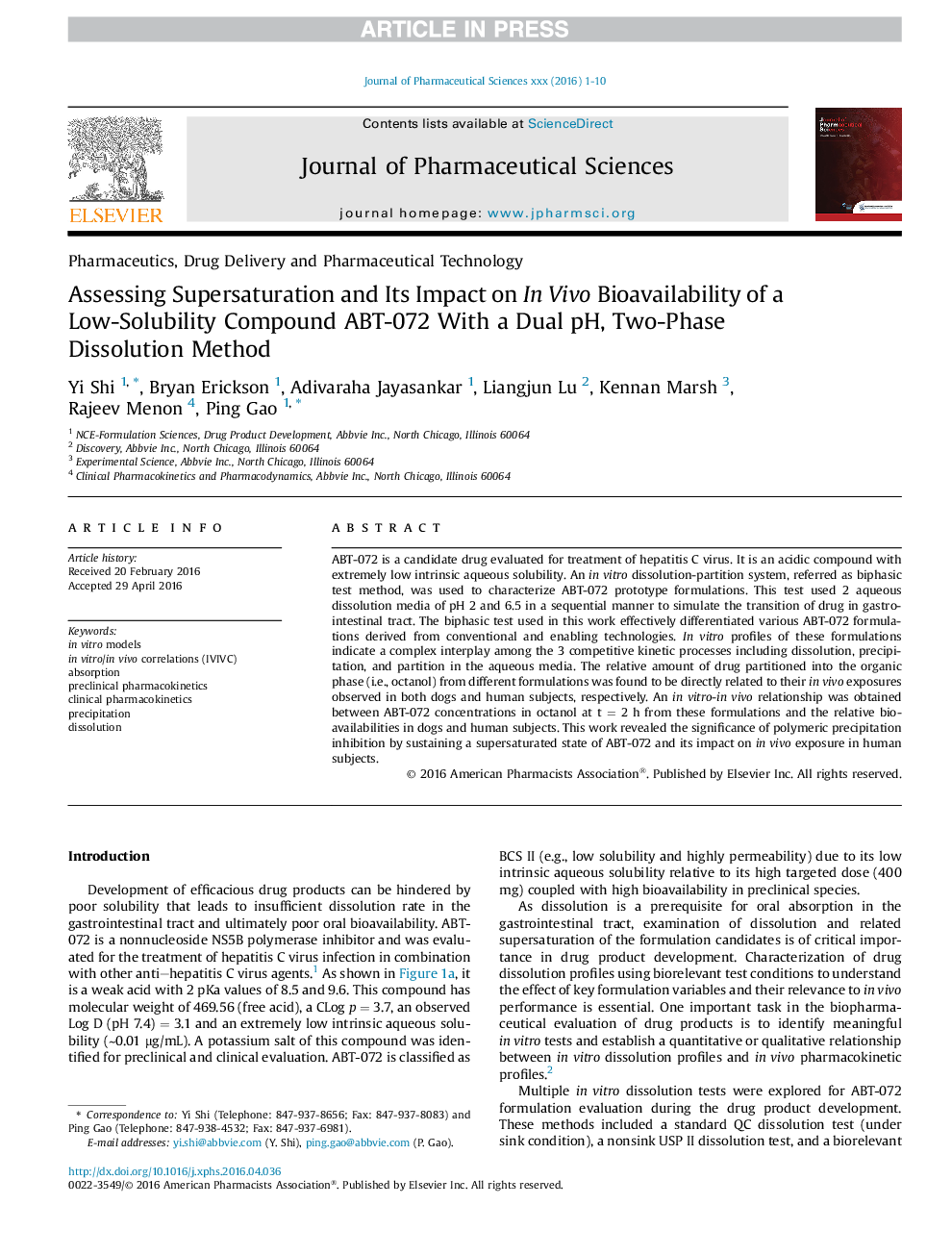 Assessing Supersaturation and Its Impact on InÂ Vivo Bioavailability of a Low-Solubility Compound ABT-072 With a Dual pH, Two-Phase Dissolution Method