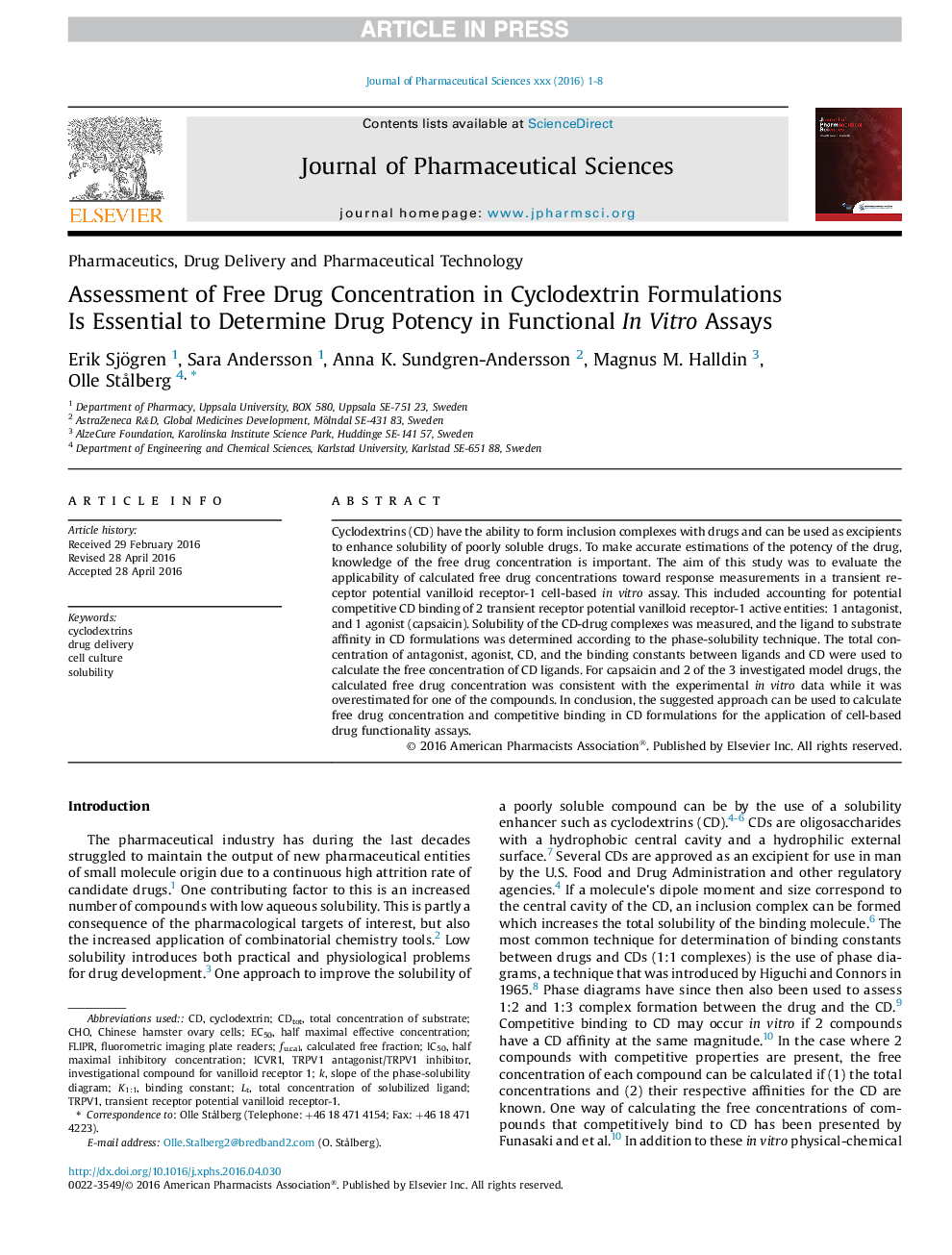 Assessment of Free Drug Concentration in Cyclodextrin Formulations Is Essential to Determine Drug Potency in Functional InÂ Vitro Assays