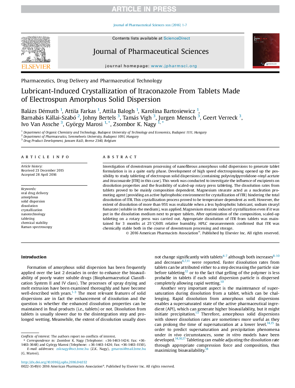 Lubricant-Induced Crystallization of Itraconazole From Tablets Made of Electrospun Amorphous Solid Dispersion