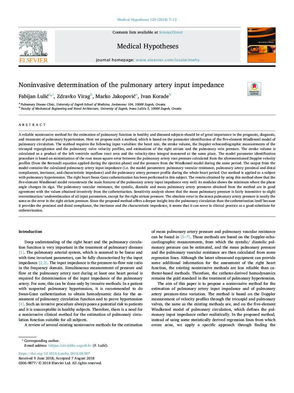 Noninvasive determination of the pulmonary artery input impedance