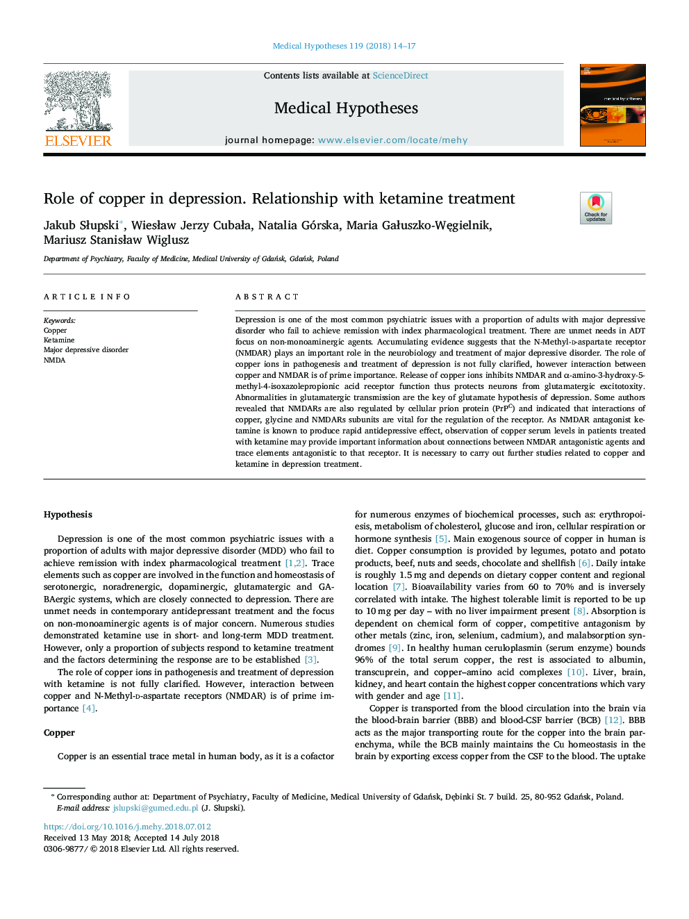 Role of copper in depression. Relationship with ketamine treatment