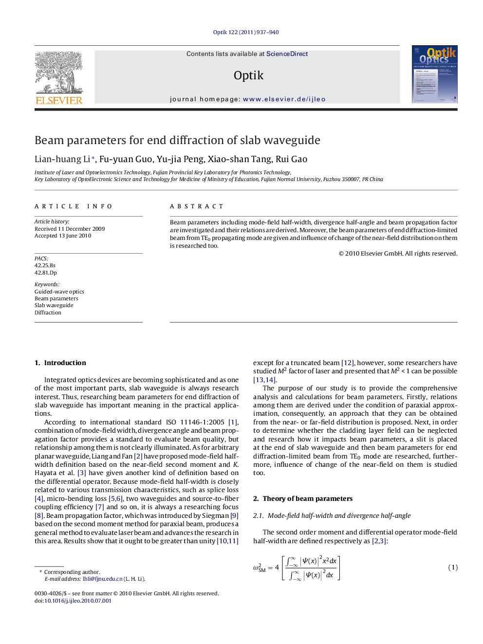 Beam parameters for end diffraction of slab waveguide