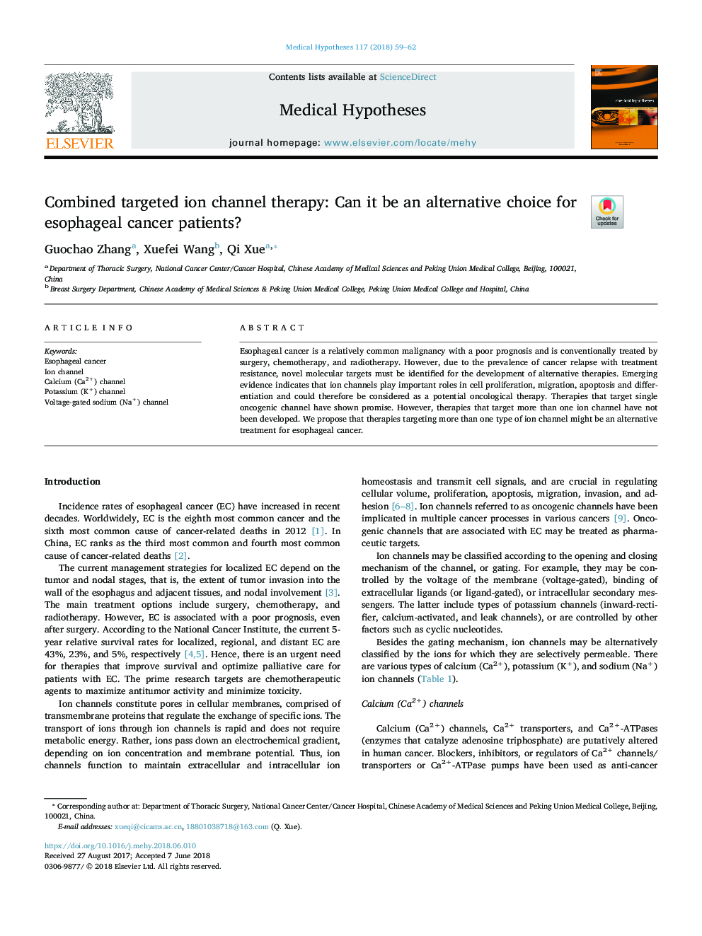 Combined targeted ion channel therapy: Can it be an alternative choice for esophageal cancer patients?