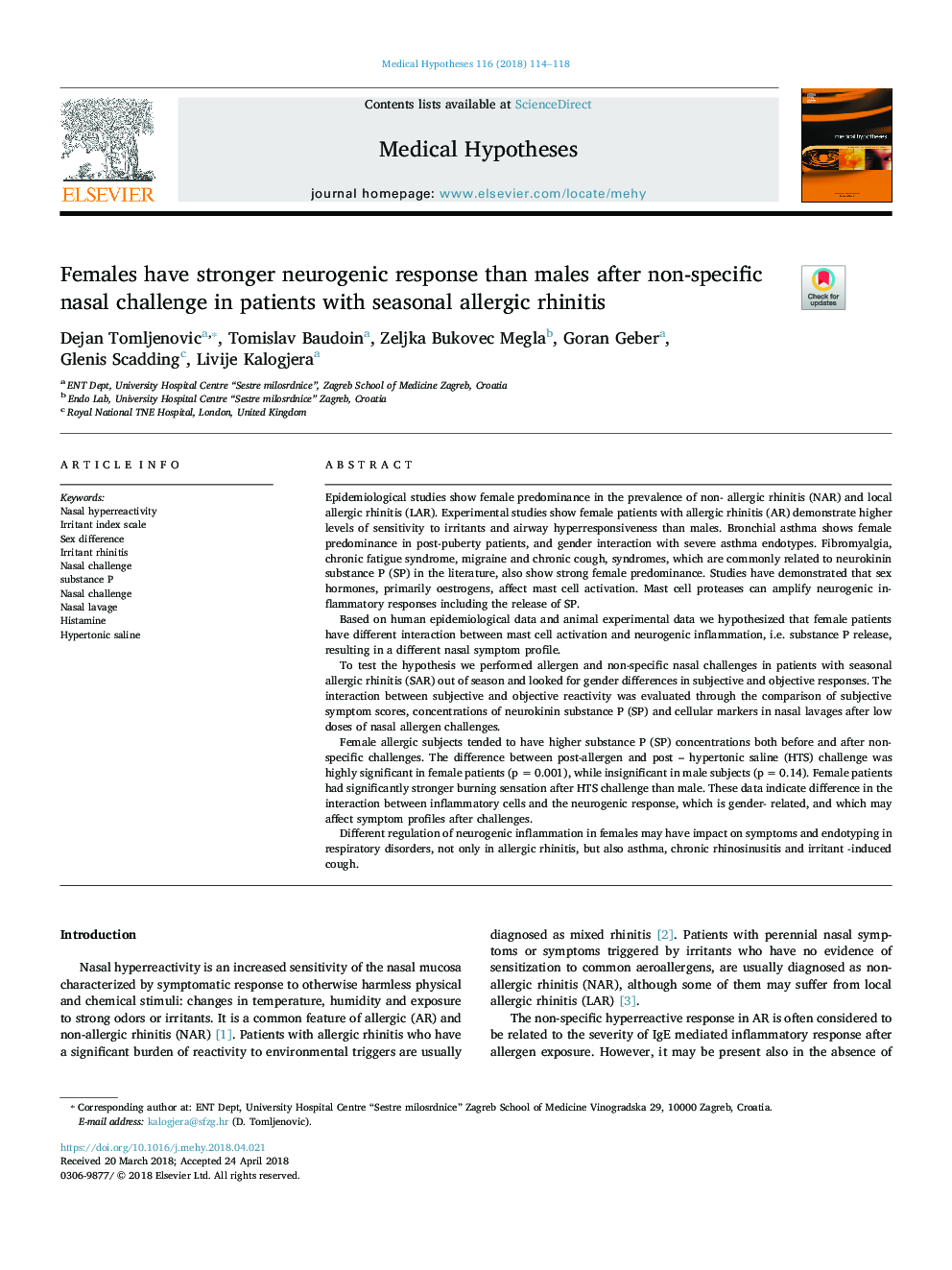 Females have stronger neurogenic response than males after non-specific nasal challenge in patients with seasonal allergic rhinitis