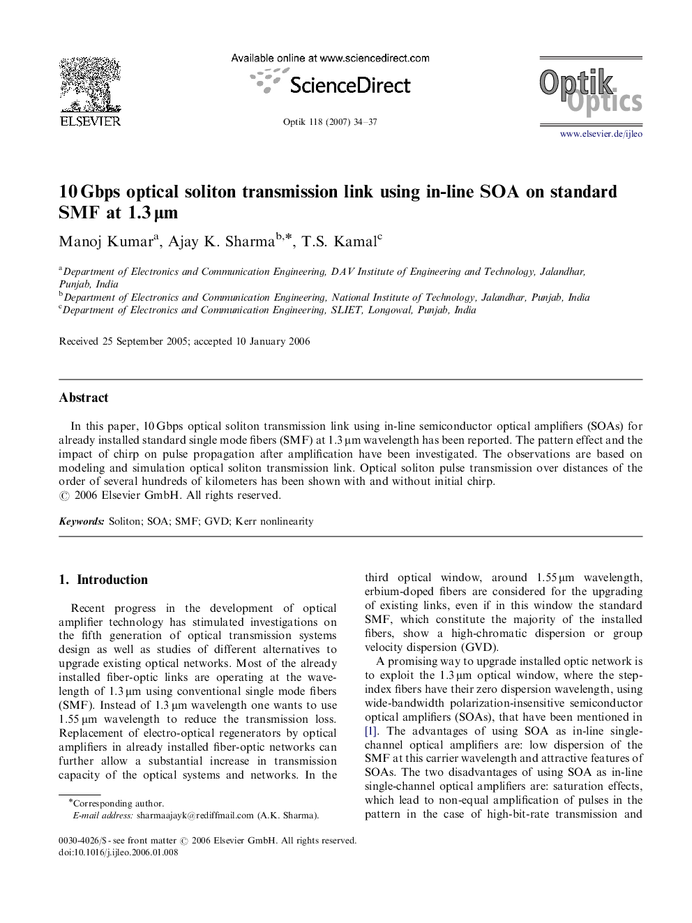 10 Gbps optical soliton transmission link using in-line SOA on standard SMF at 1.3 μm