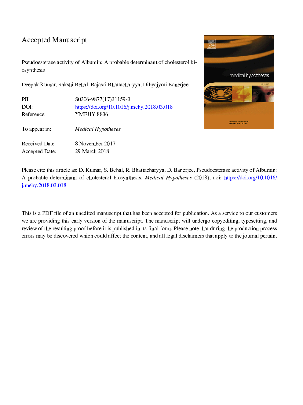 Pseudoesterase activity of albumin: A probable determinant of cholesterol biosynthesis