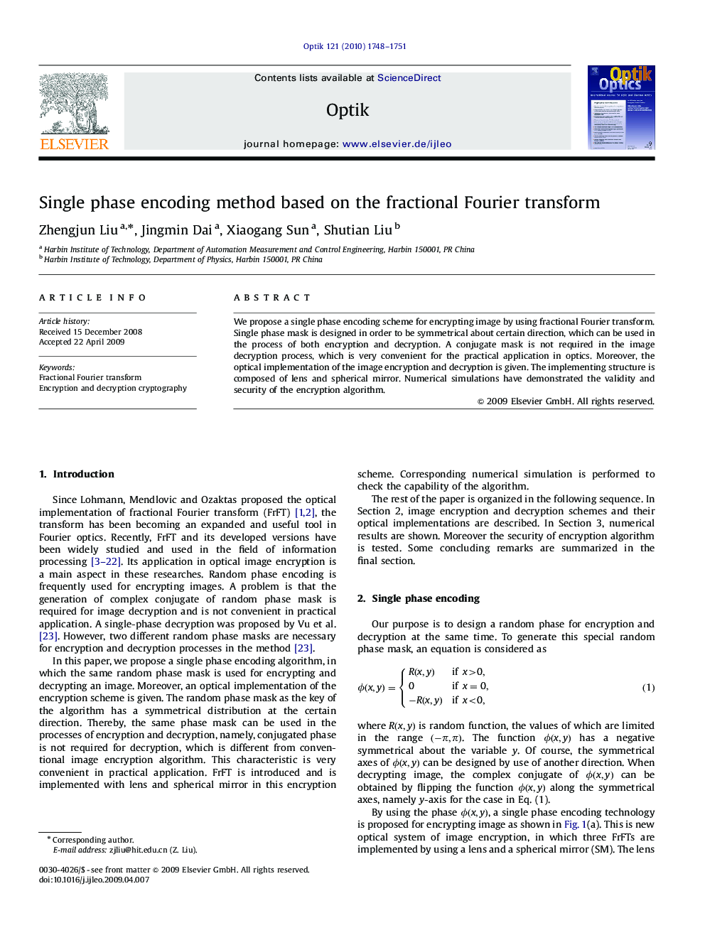 Single phase encoding method based on the fractional Fourier transform
