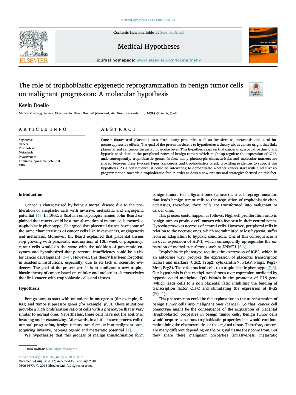 The role of trophoblastic epigenetic reprogrammation in benign tumor cells on malignant progression: A molecular hypothesis