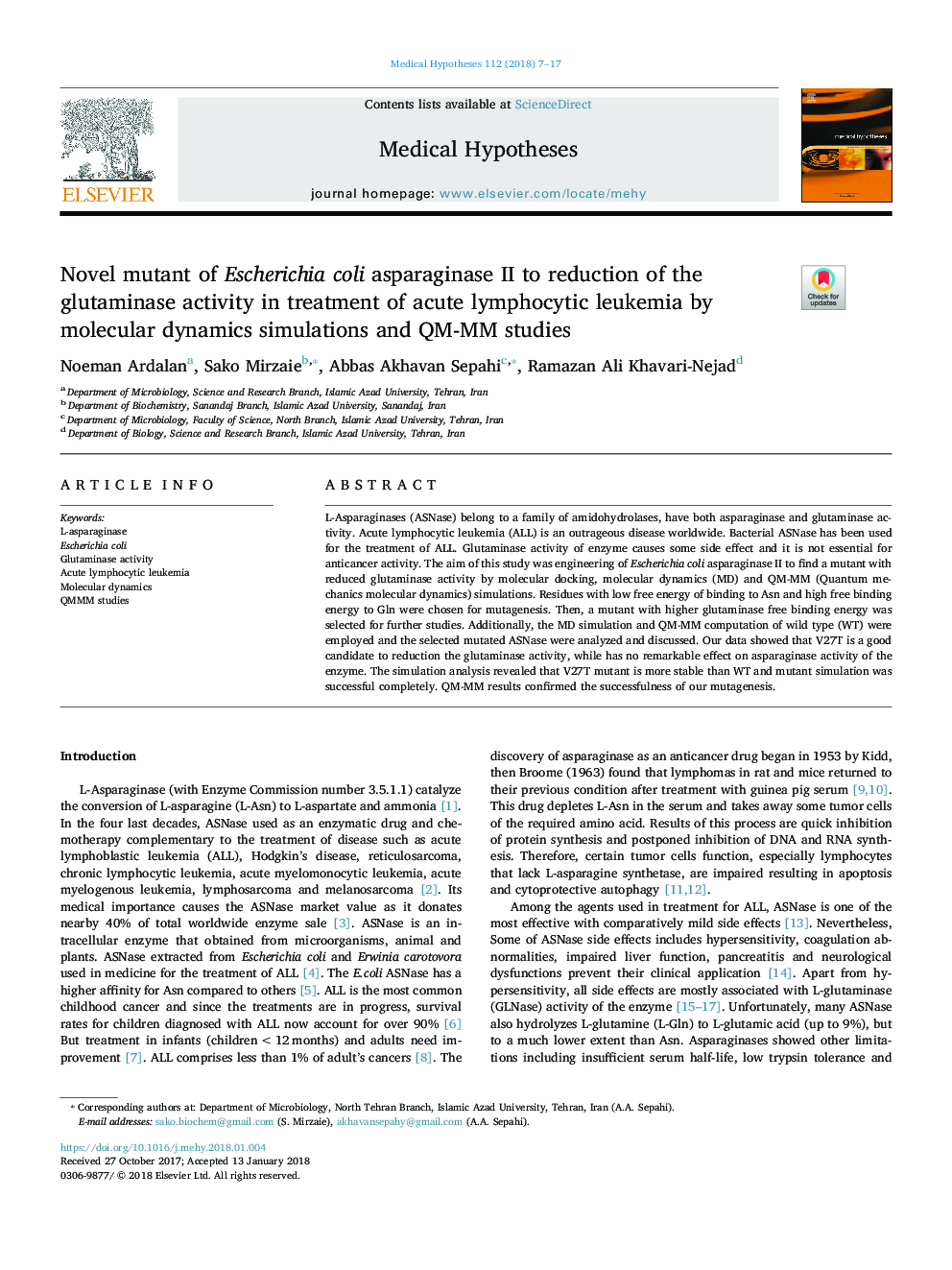 Novel mutant of Escherichia coli asparaginase II to reduction of the glutaminase activity in treatment of acute lymphocytic leukemia by molecular dynamics simulations and QM-MM studies