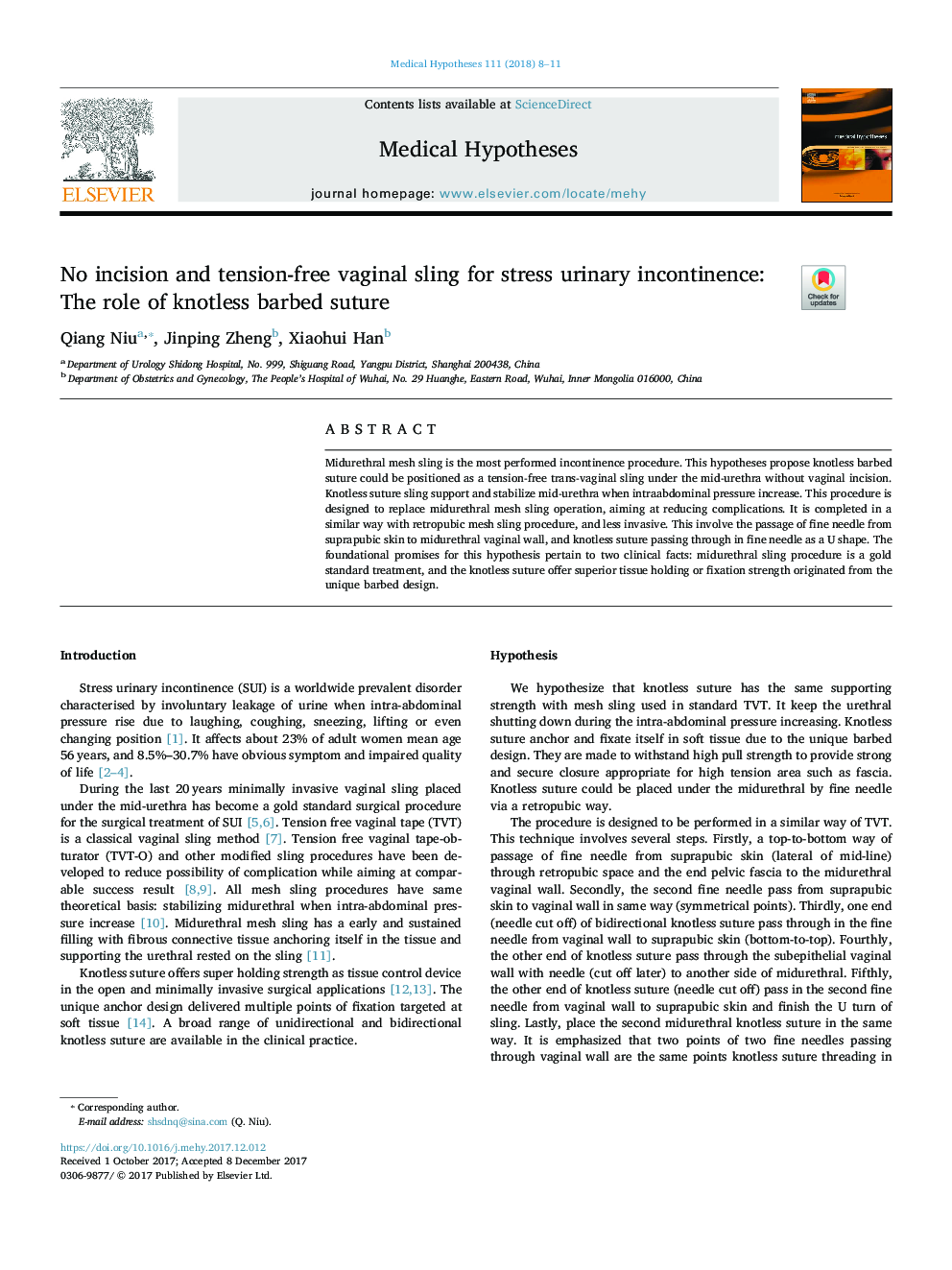 No incision and tension-free vaginal sling for stress urinary incontinence: The role of knotless barbed suture