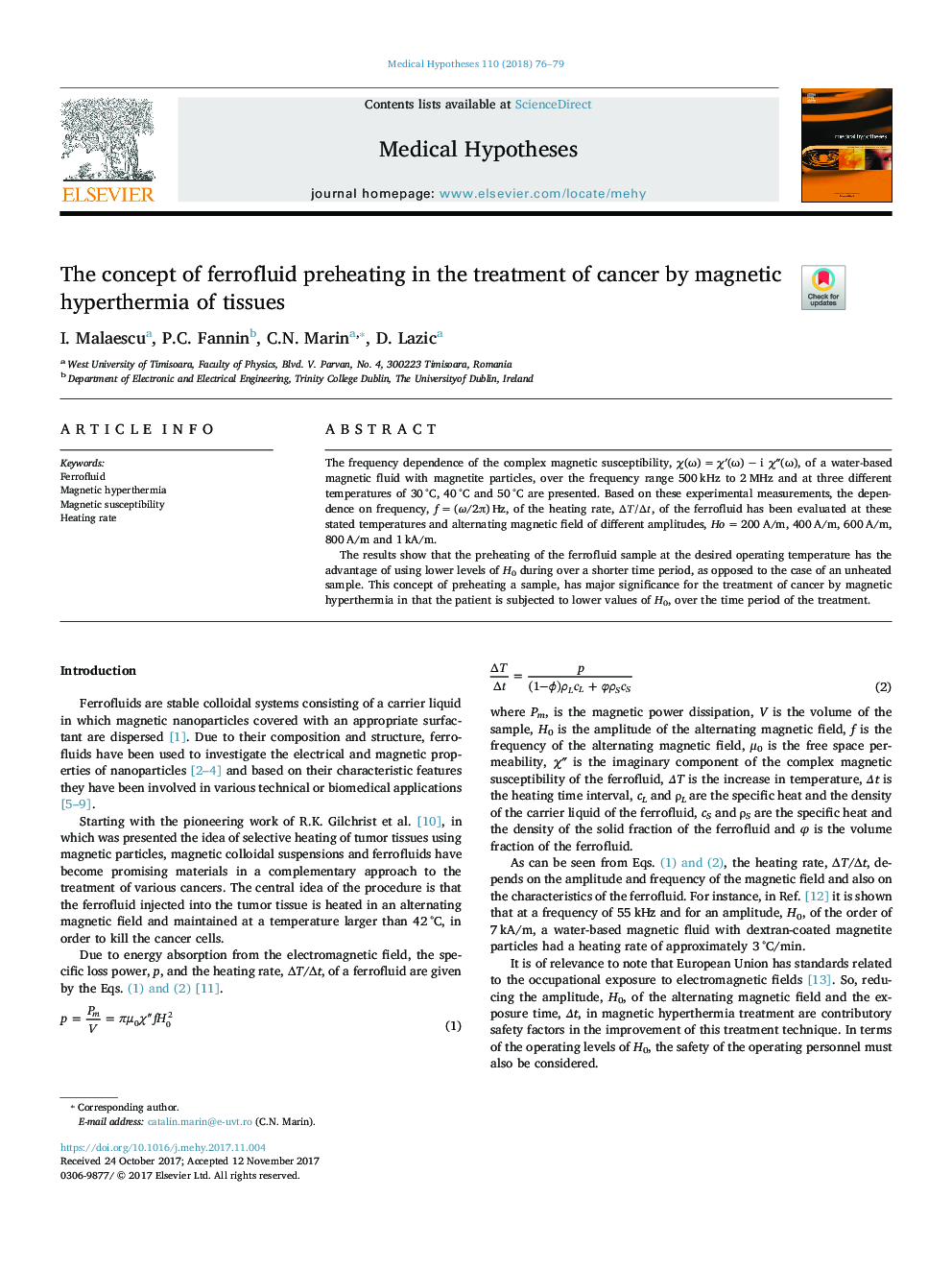 The concept of ferrofluid preheating in the treatment of cancer by magnetic hyperthermia of tissues