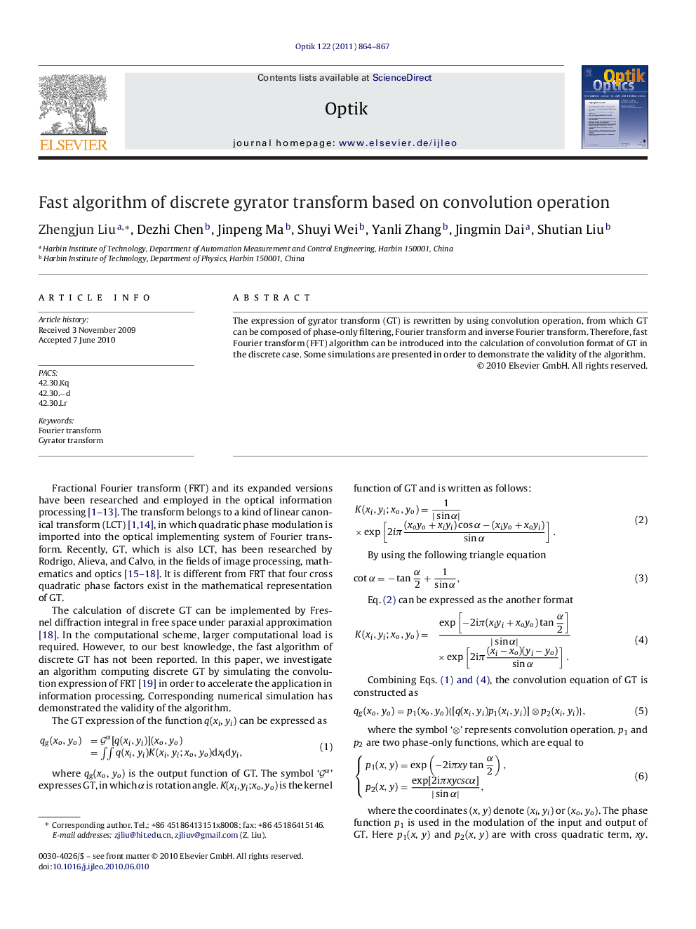 Fast algorithm of discrete gyrator transform based on convolution operation