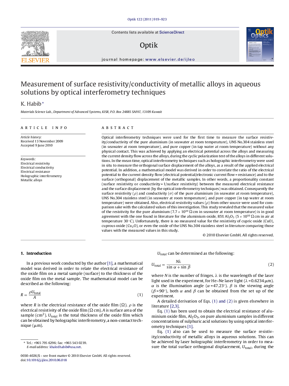 عکس صفحه اول مقاله: Measurement of surface resistivity/conductivity of metallic alloys in aqueous solutions by optical interferometry techniques Measurement of surface resistivity/conductivity of metallic alloys in aqueous solutions by optical interferometry techniques