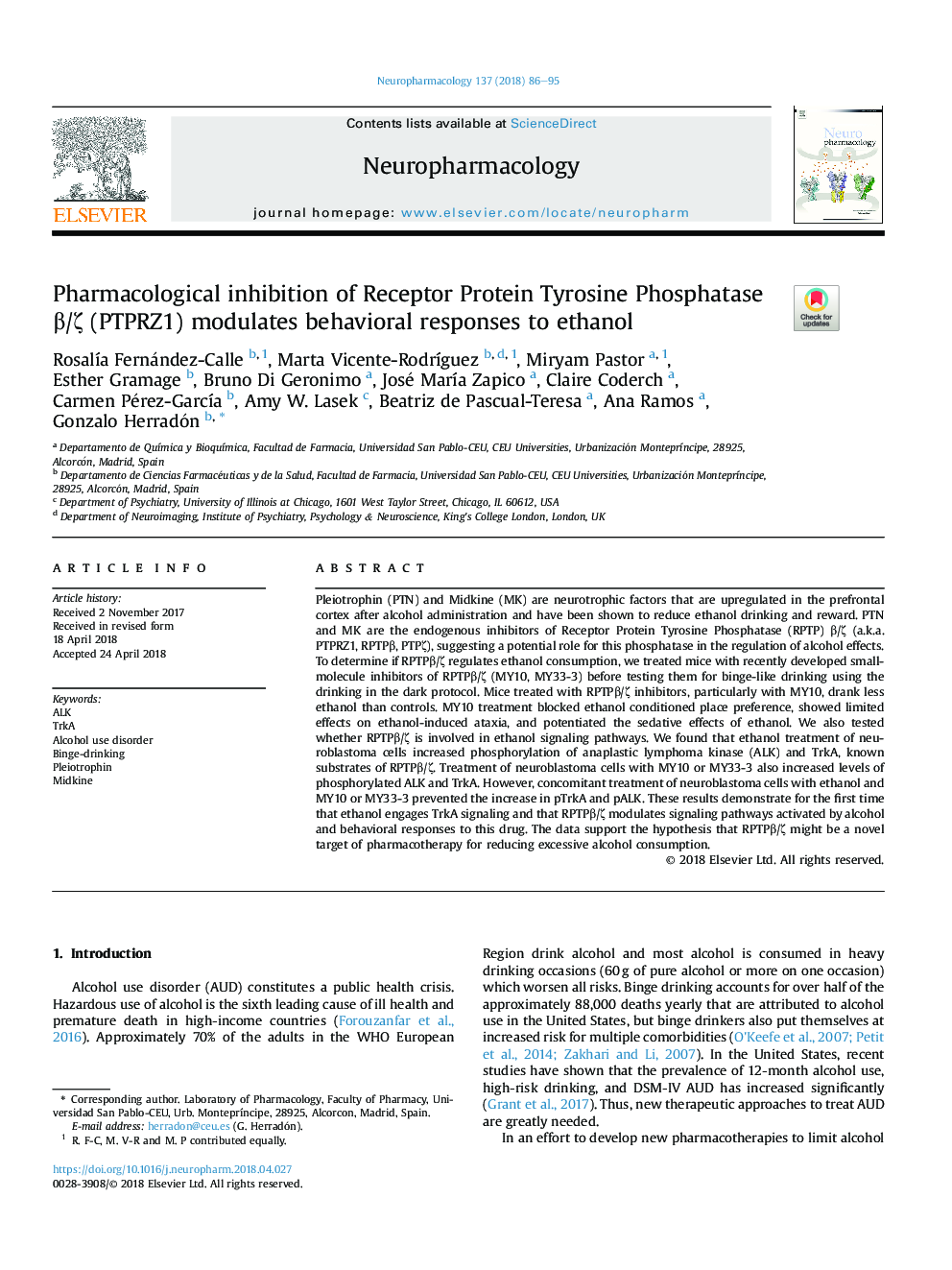 Pharmacological inhibition of Receptor Protein Tyrosine Phosphatase Î²/Î¶ (PTPRZ1) modulates behavioral responses to ethanol