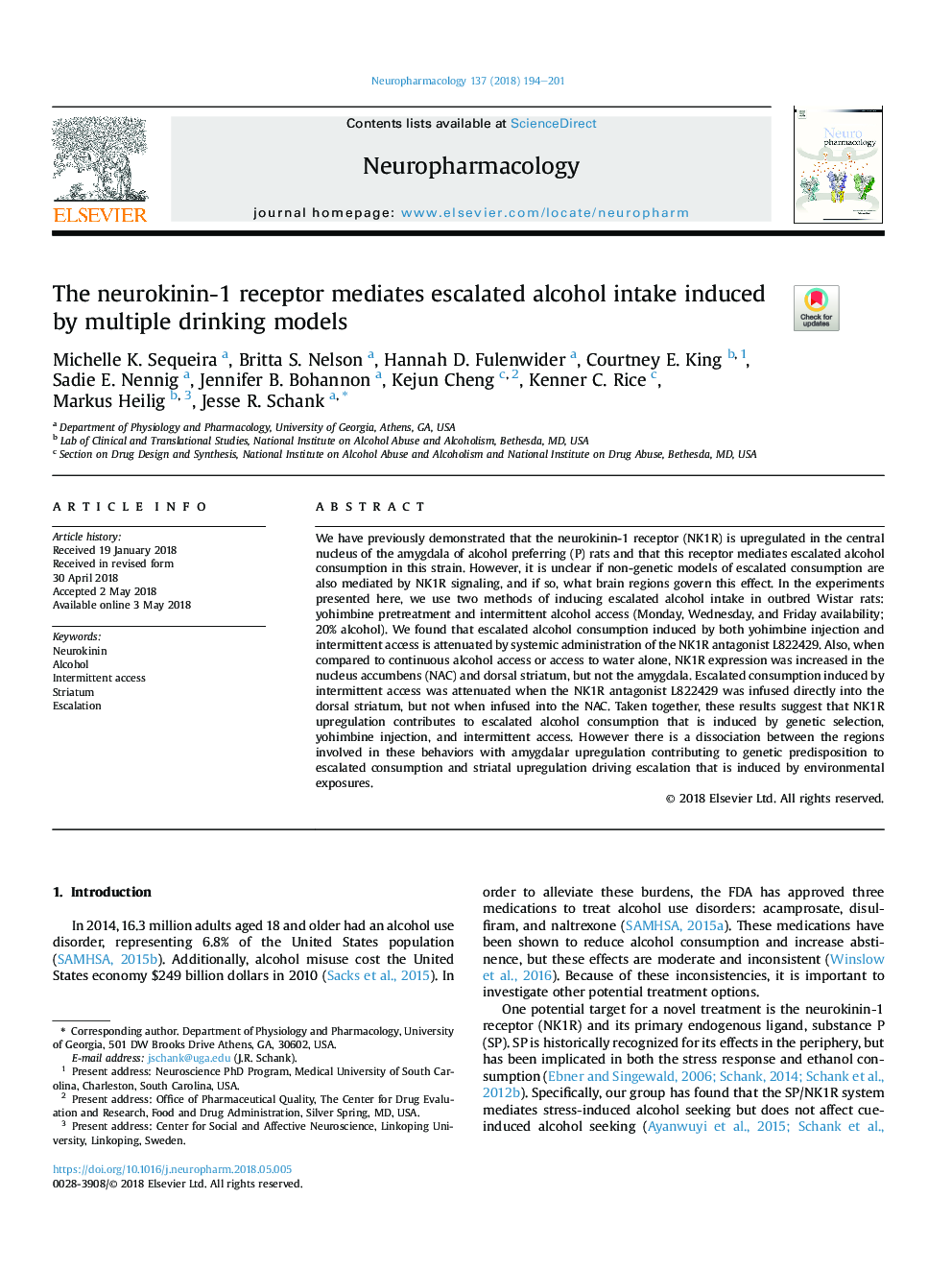 The neurokinin-1 receptor mediates escalated alcohol intake induced by multiple drinking models