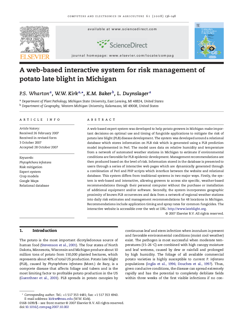 A web-based interactive system for risk management of potato late blight in Michigan