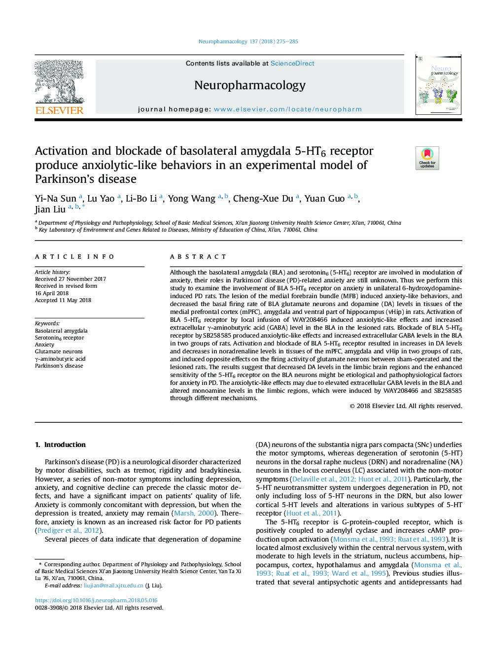 Activation and blockade of basolateral amygdala 5-HT6 receptor produce anxiolytic-like behaviors in an experimental model of Parkinson's disease