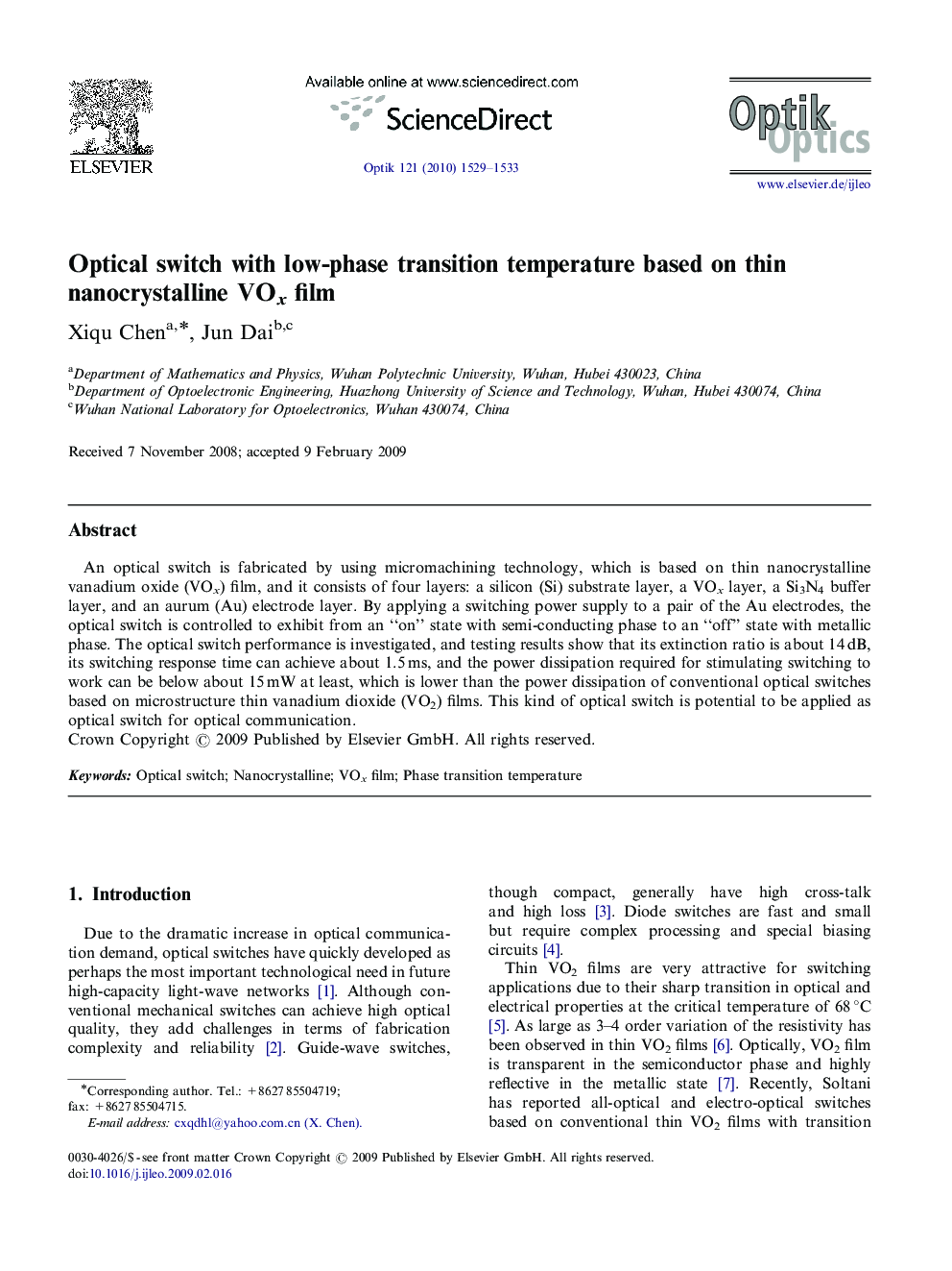 Optical switch with low-phase transition temperature based on thin nanocrystalline VOx film