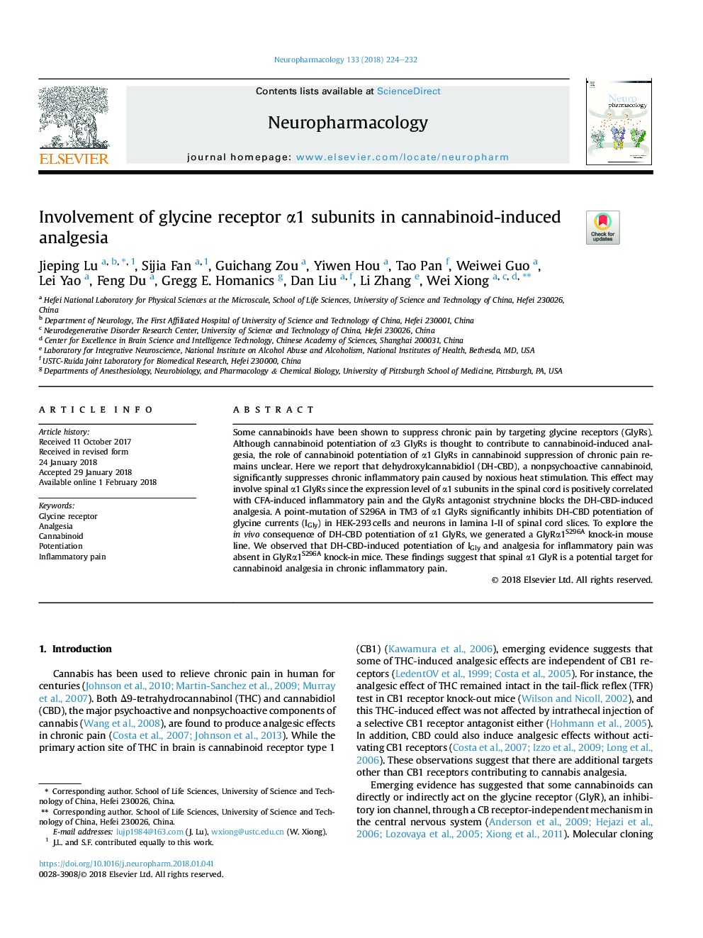 Involvement of glycine receptor Î±1 subunits in cannabinoid-induced analgesia