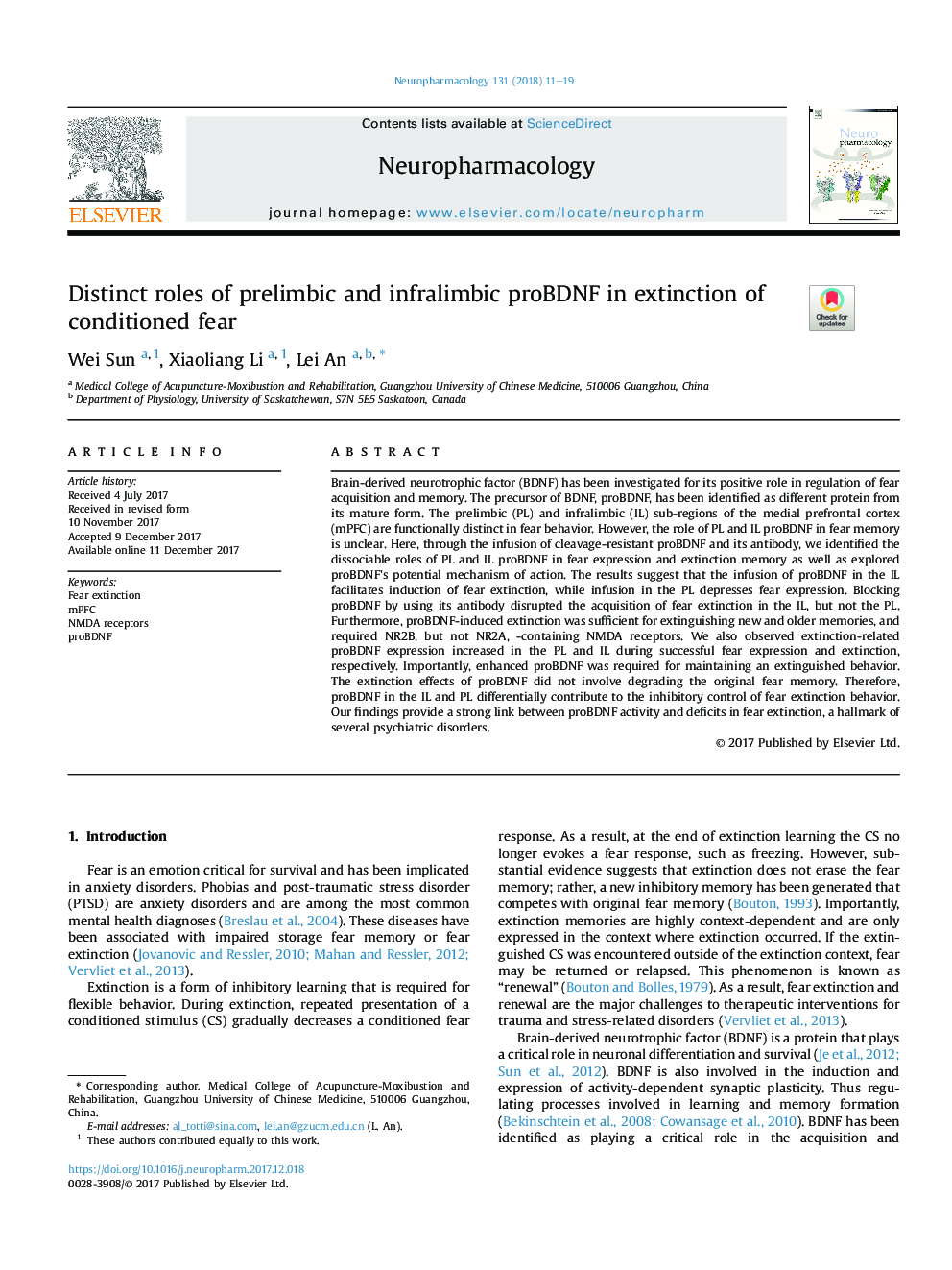 Distinct roles of prelimbic and infralimbic proBDNF in extinction of conditioned fear