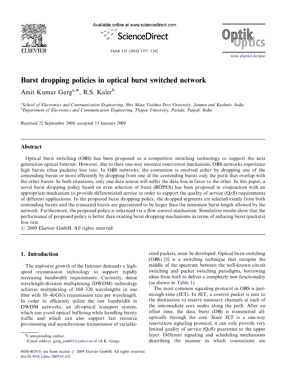 Burst dropping policies in optical burst switched network