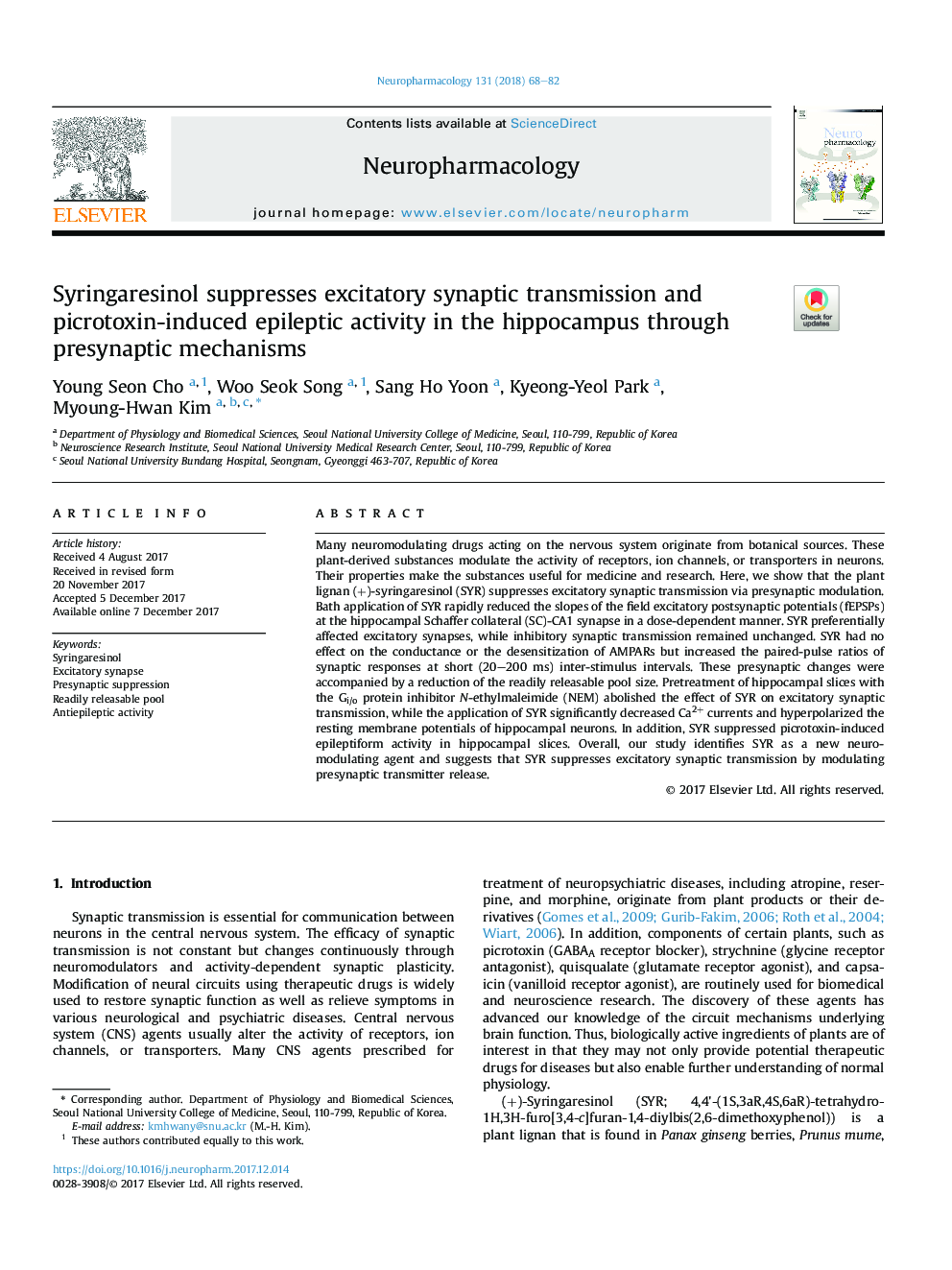 Syringaresinol suppresses excitatory synaptic transmission and picrotoxin-induced epileptic activity in the hippocampus through presynaptic mechanisms