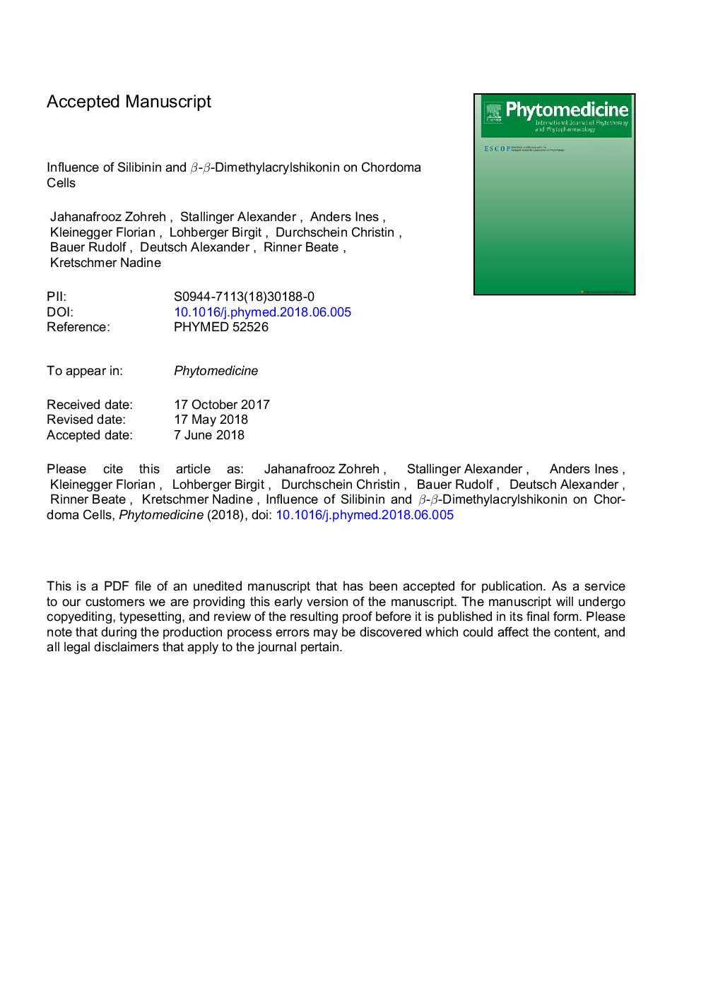 Influence of silibinin and Î²-Î²-dimethylacrylshikonin on chordoma cells