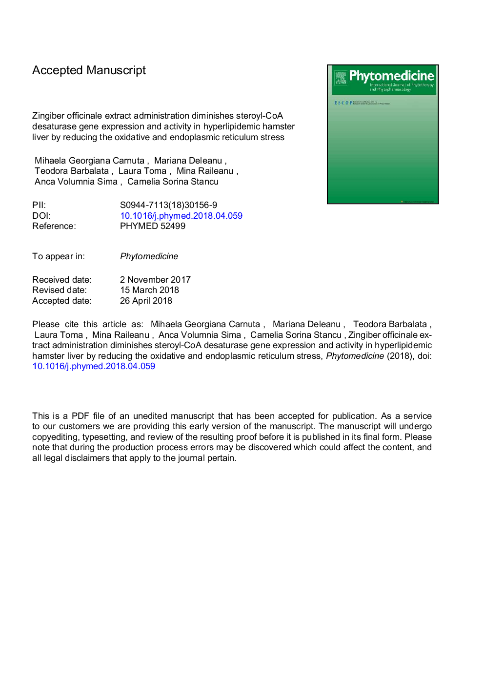 Zingiber officinale extract administration diminishes steroyl-CoA desaturase gene expression and activity in hyperlipidemic hamster liver by reducing the oxidative and endoplasmic reticulum stress