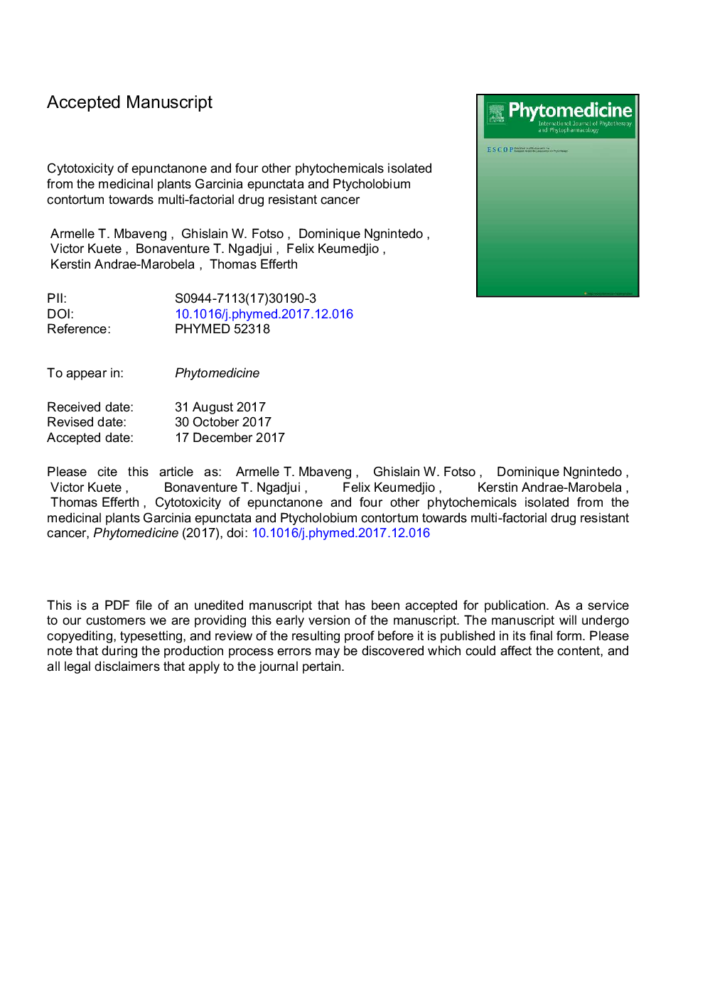 Cytotoxicity of epunctanone and four other phytochemicals isolated from the medicinal plants Garcinia epunctata and Ptycholobium contortum towards multi-factorial drug resistant cancer cells