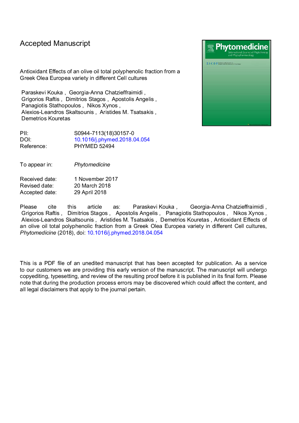 Antioxidant effects of an olive oil total polyphenolic fraction from a Greek Olea europaea variety in different cell cultures