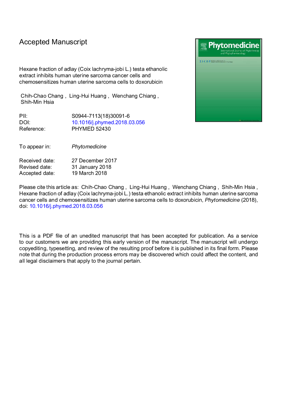 Hexane fraction of adlay (Coix lachryma-jobi L.) testa ethanolic extract inhibits human uterine sarcoma cancer cells growth and chemosensitizes human uterine sarcoma cells to doxorubicin