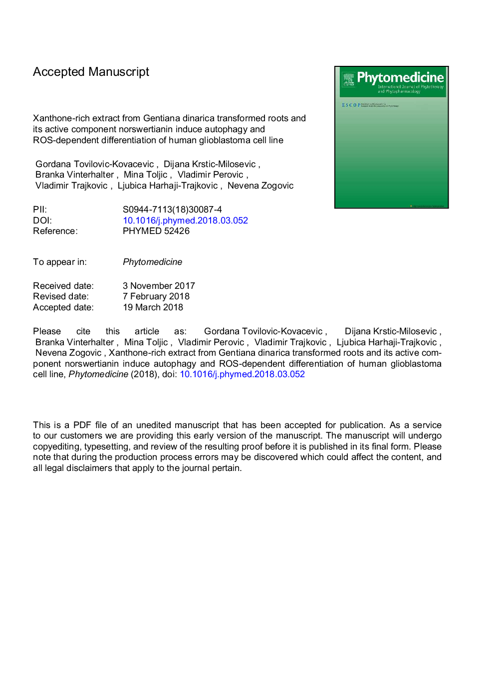 Xanthone-rich extract from Gentiana dinarica transformed roots and its active component norswertianin induce autophagy and ROS-dependent differentiation of human glioblastoma cell line