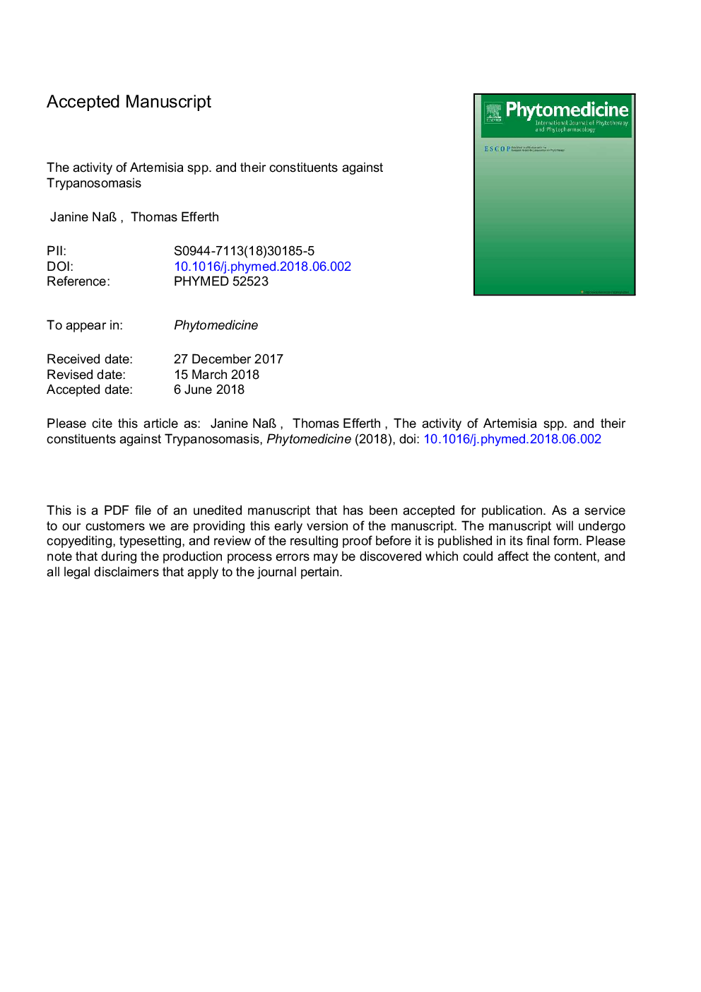 The activity of Artemisia spp. and their constituents against Trypanosomiasis