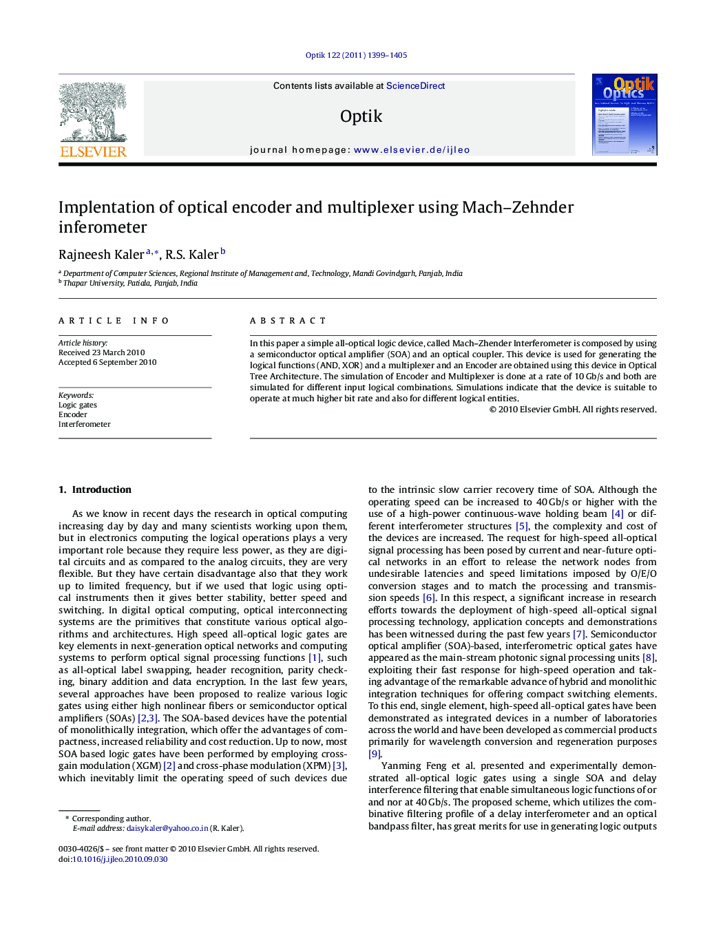 Implentation of optical encoder and multiplexer using Mach–Zehnder inferometer