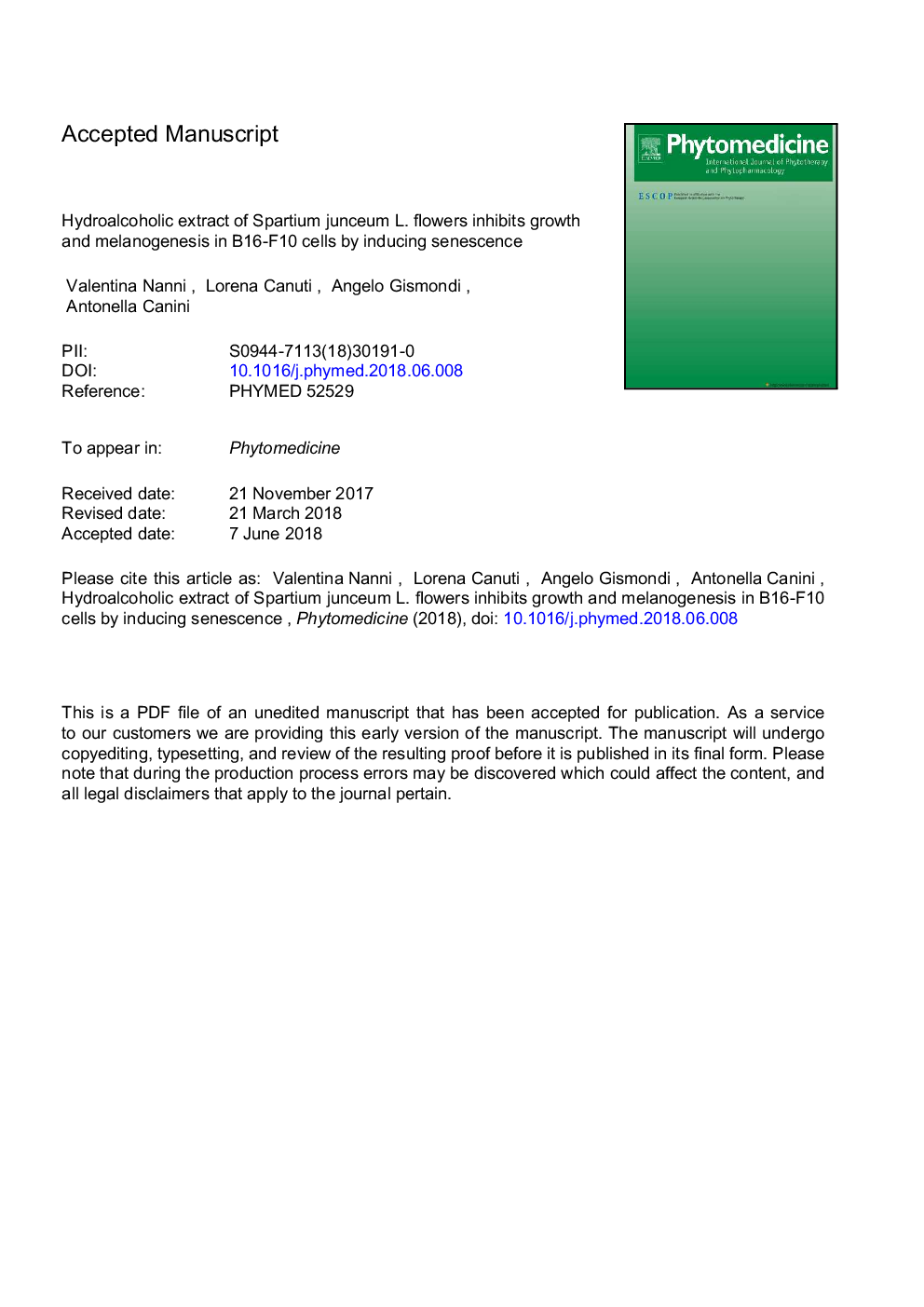 Hydroalcoholic extract of Spartium junceum L. flowers inhibits growth and melanogenesis in B16-F10 cells by inducing senescence