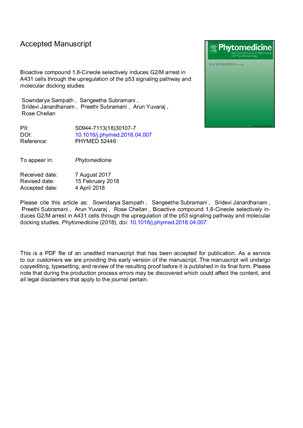 Bioactive compound 1,8-Cineole selectively induces G2/M arrest in A431 cells through the upregulation of the p53 signaling pathway and molecular docking studies