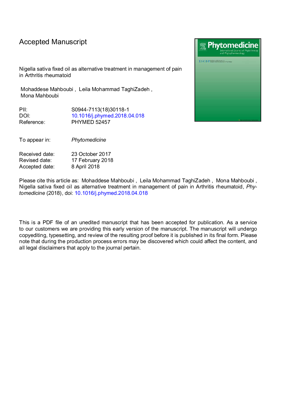 Nigella sativa fixed oil as alternative treatment in management of pain in arthritis rheumatoid