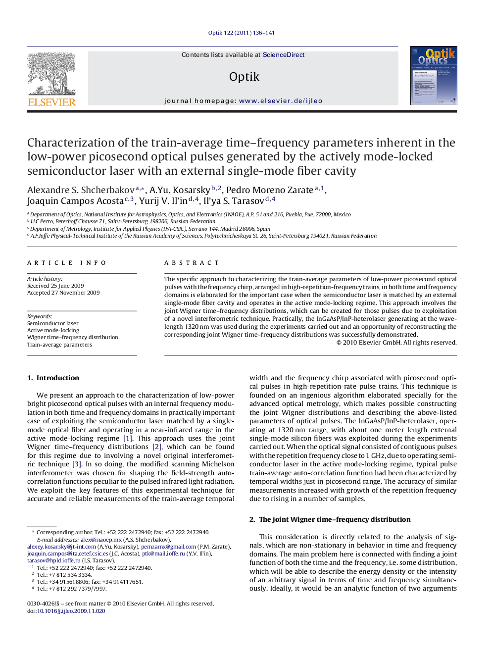 Characterization of the train-average time–frequency parameters inherent in the low-power picosecond optical pulses generated by the actively mode-locked semiconductor laser with an external single-mode fiber cavity