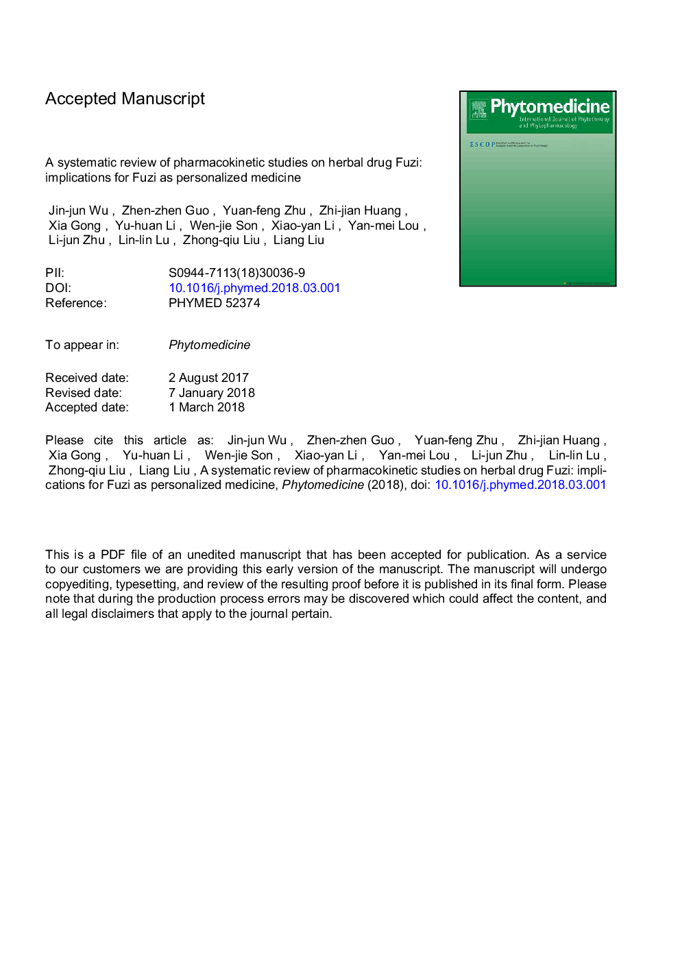 A systematic review of pharmacokinetic studies on herbal drug Fuzi: Implications for Fuzi as personalized medicine