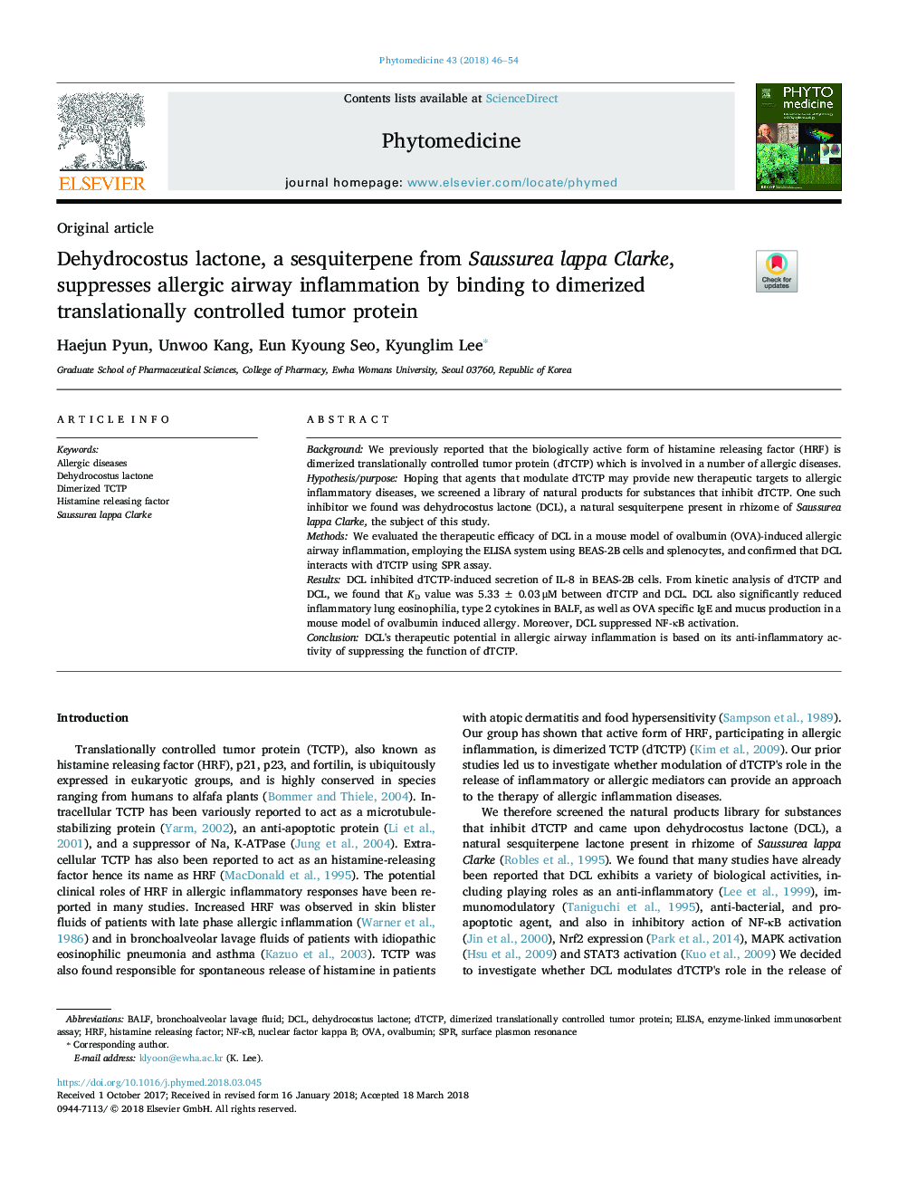 Dehydrocostus lactone, a sesquiterpene from Saussurea lappa Clarke, suppresses allergic airway inflammation by binding to dimerized translationally controlled tumor protein