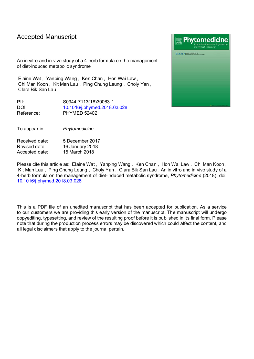 An in vitro and in vivo study of a 4-herb formula on the management of diet-induced metabolic syndrome