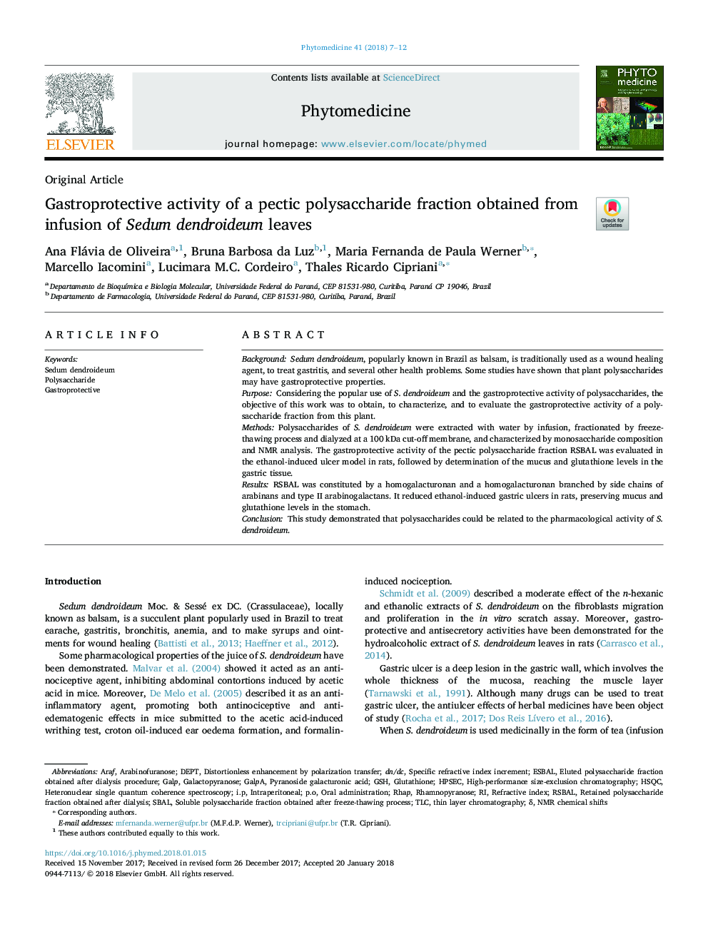 Gastroprotective activity of a pectic polysaccharide fraction obtained from infusion of Sedum dendroideum leaves