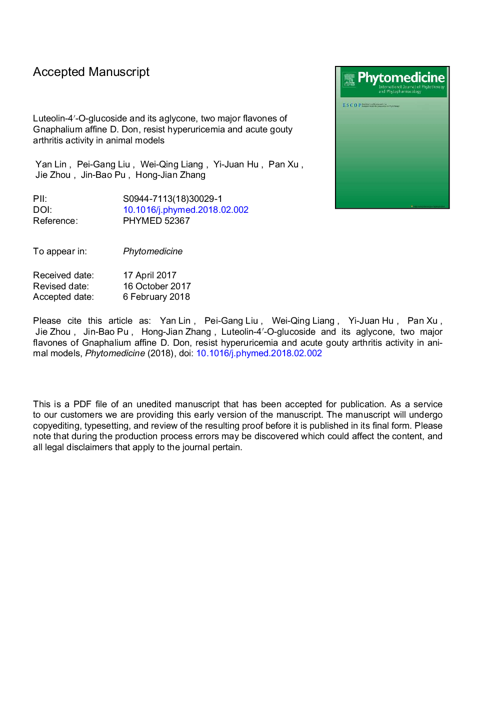 Luteolin-4â²-O-glucoside and its aglycone, two major flavones of Gnaphalium affine D. Don, resist hyperuricemia and acute gouty arthritis activity in animal models