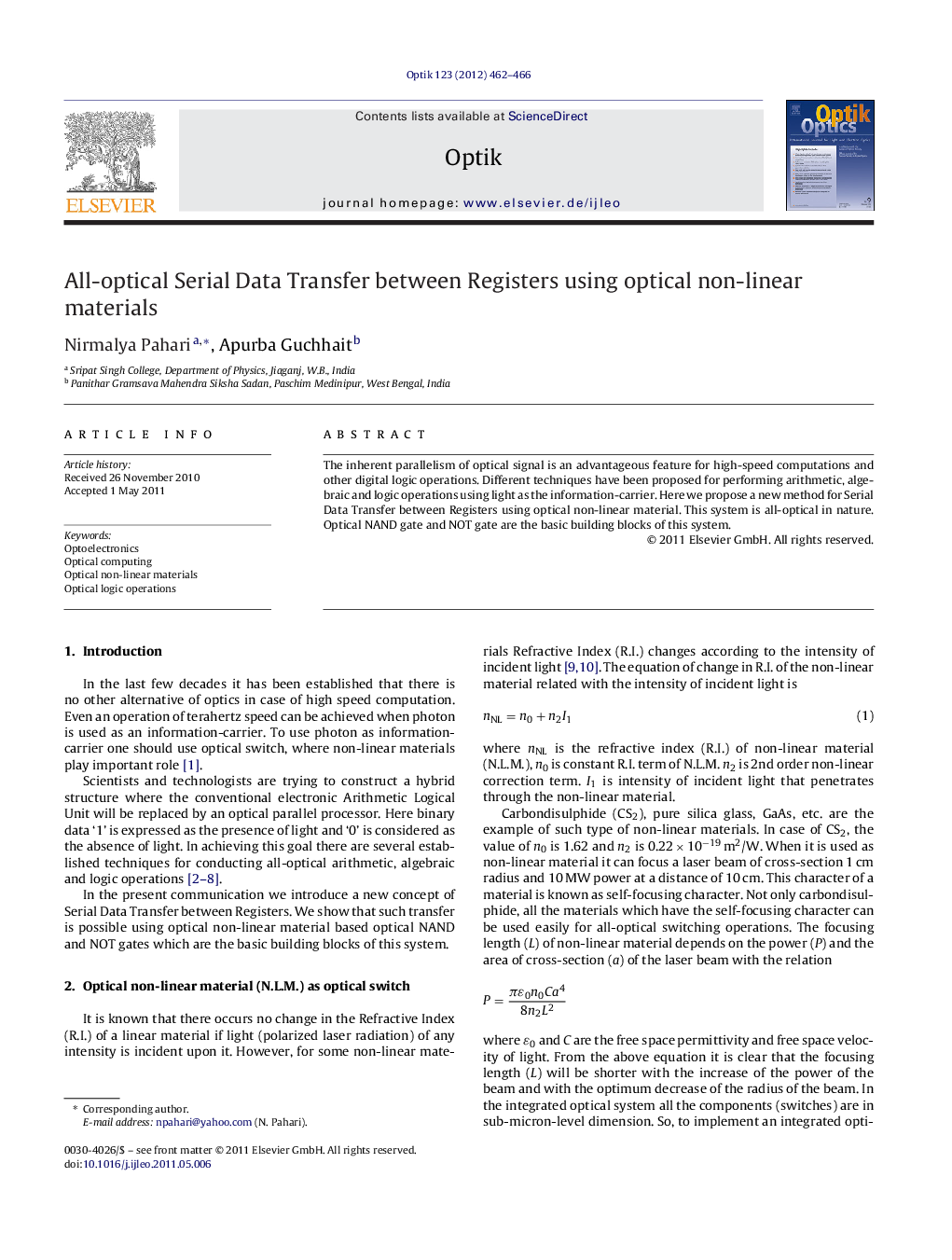 All-optical Serial Data Transfer between Registers using optical non-linear materials