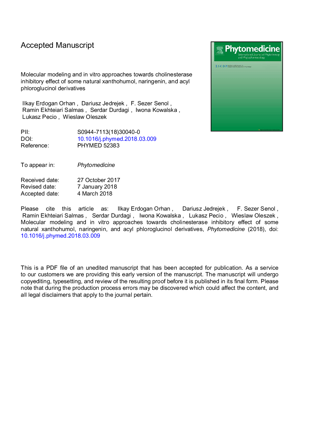 Molecular modeling and in vitro approaches towards cholinesterase inhibitory effect of some natural xanthohumol, naringenin, and acyl phloroglucinol derivatives