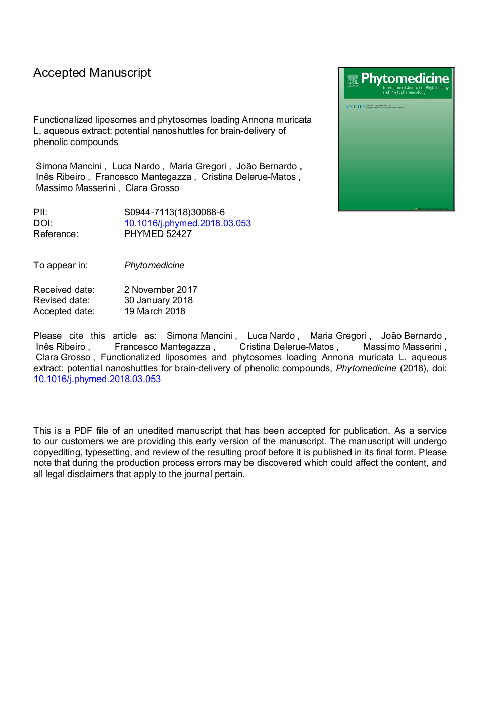 Functionalized liposomes and phytosomes loading Annona muricata L. aqueous extract: Potential nanoshuttles for brain-delivery of phenolic compounds